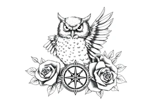 an owl,compass,roses, tattoo idea