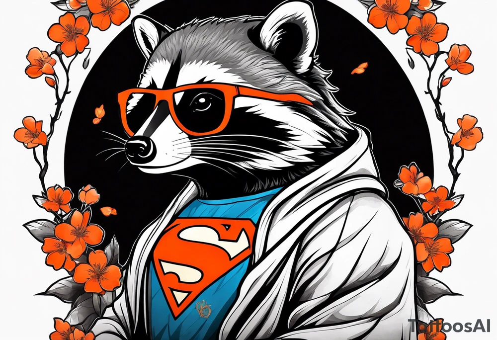 Raccoon wearing a white Superman logo on a black hoodie and orange Japanese cherry blossoms beside tattoo idea