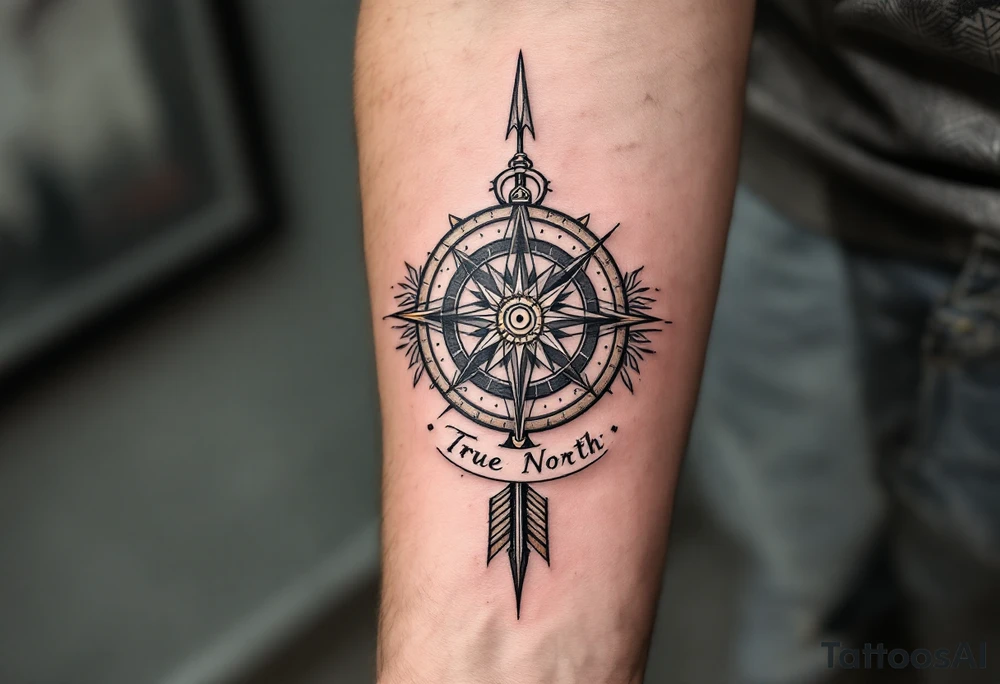 Rustic half compass half clock with and long native American arrow pointing at my wrist with the words “True North” tattoo idea
