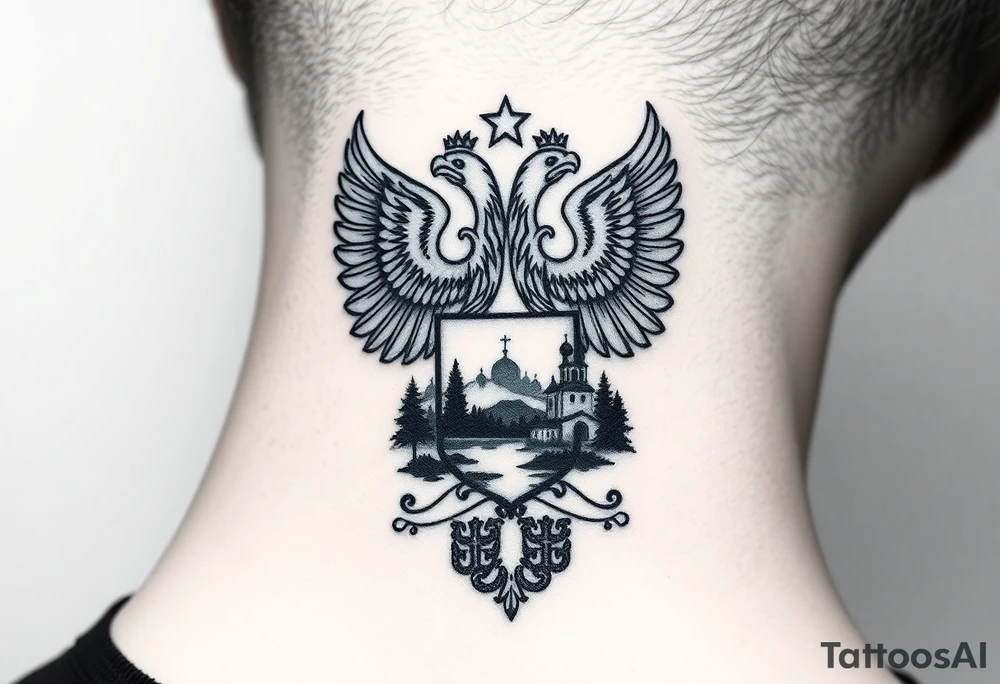 Traditional authentic Russian coat of arms with double headed eagle & a well shaded Christian orthodox virgin marry crest in the middle with silhouette of a lake in a Russian wilderness Christian orthodoxy dome church village setting on the side of my neck tattoo idea