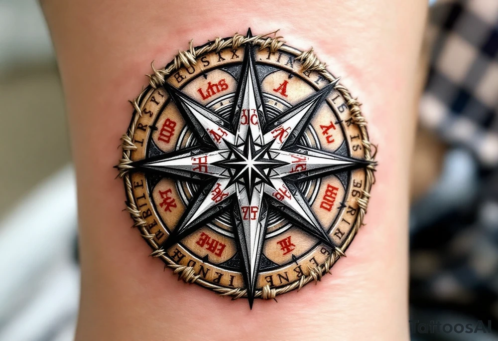 Rod’s Star — A radiant silver star with six intersecting arms inscribed with red runes, placed within a circular wooden medallion wrapped in twine. tattoo idea