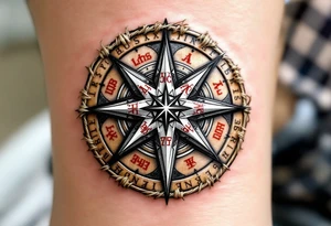 Rod’s Star — A radiant silver star with six intersecting arms inscribed with red runes, placed within a circular wooden medallion wrapped in twine. tattoo idea