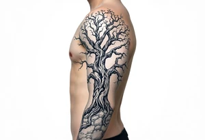 Whole Arm sleeve, tree with limbs wrapping around, negative space tattoo idea