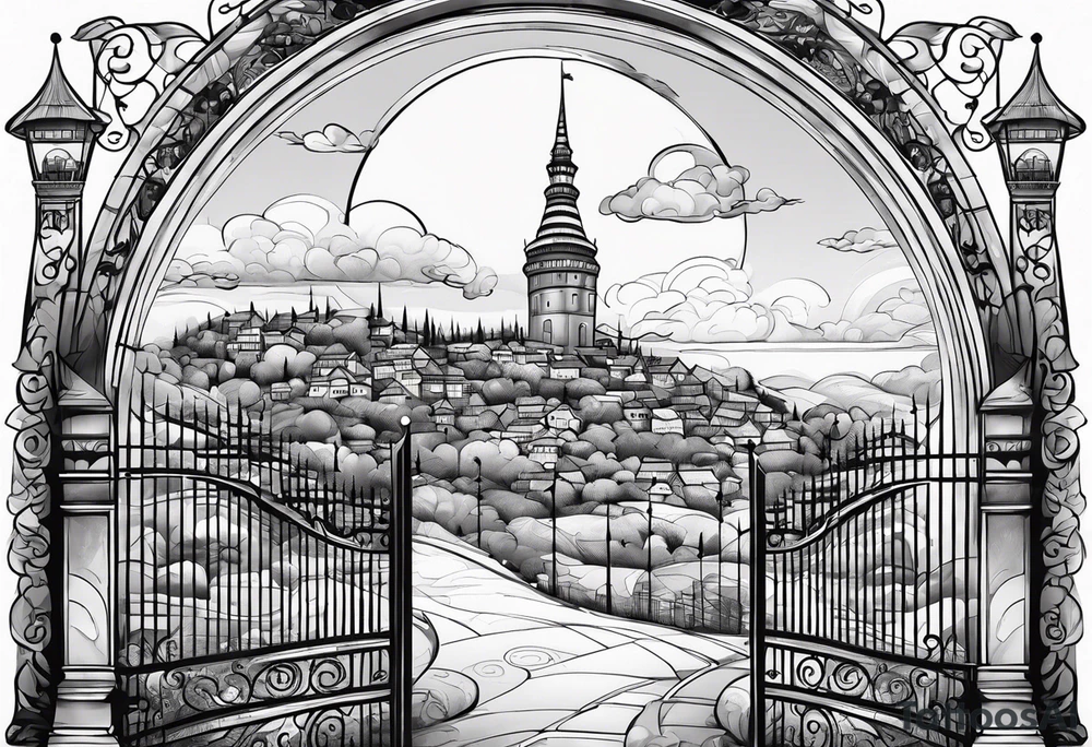 sky town with tower small houses gate entrance 
 in circle transparent clouds  vignette tattoo idea