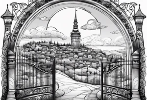 sky town with tower small houses gate entrance 
 in circle transparent clouds  vignette tattoo idea