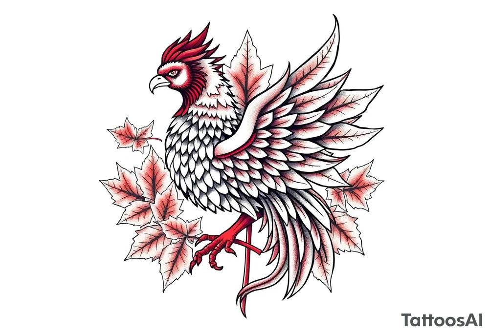 powerful majestic japanese phenix surrounded by maple leaf tattoo idea