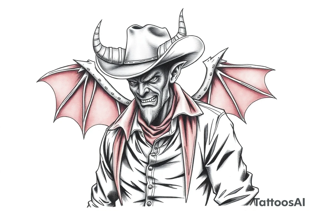 a demon in cowboy.clothing, tattoo idea