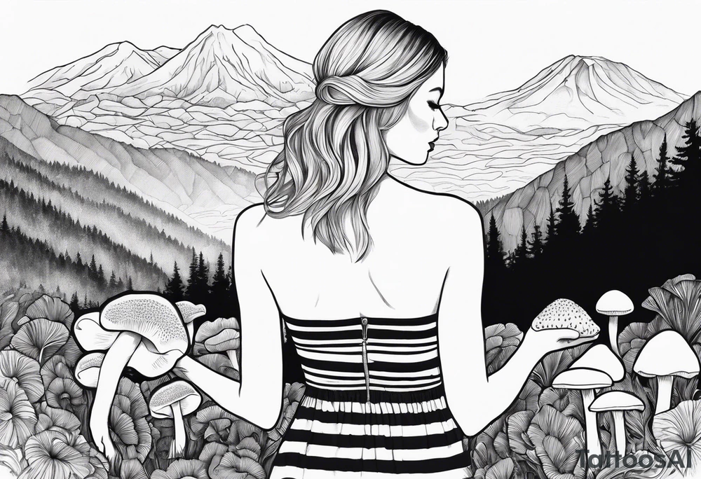 Straight blonde hair girl holding oyster mushrooms in hand facing away toward mountains surrounded by mushrooms black and white striped dress tattoo idea