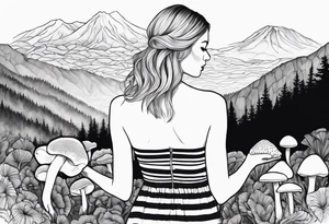 Straight blonde hair girl holding oyster mushrooms in hand facing away toward mountains surrounded by mushrooms black and white striped dress tattoo idea