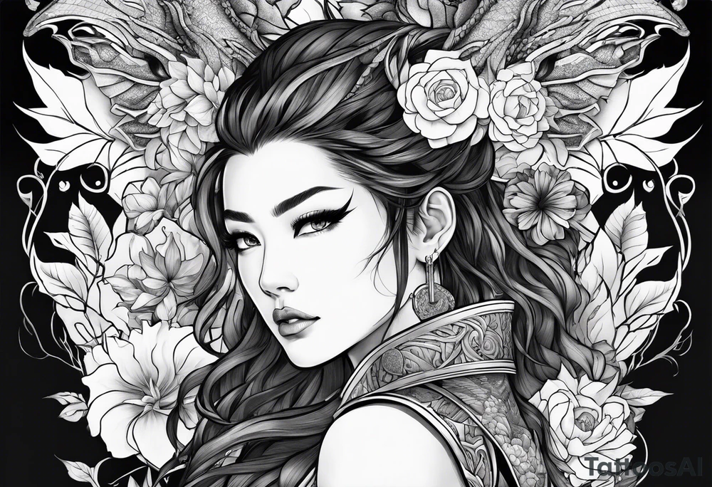 beautiful warrior woman wearing dragon armor and a floral background tattoo idea