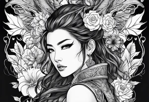 beautiful warrior woman wearing dragon armor and a floral background tattoo idea