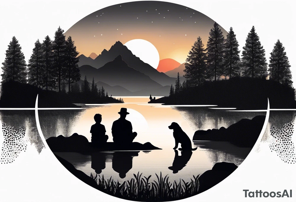 nature, sunset, mountains, a father and son sitting with their dog and cat 
by the water tattoo idea