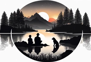 nature, sunset, mountains, a father and son sitting with their dog and cat 
by the water tattoo idea