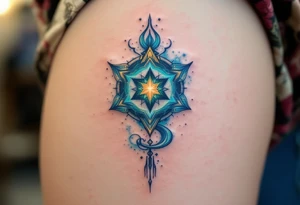A blue-green Alatyr star rests at the center of the universe, embodying balance and divine order. tattoo idea