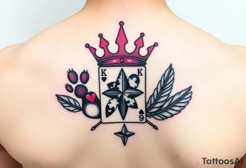 pink princess crown on top of puppy paw prints, king of hearts card, army camouflage star, feathers tattoo idea