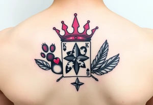 pink princess crown on top of puppy paw prints, king of hearts card, army camouflage star, feathers tattoo idea