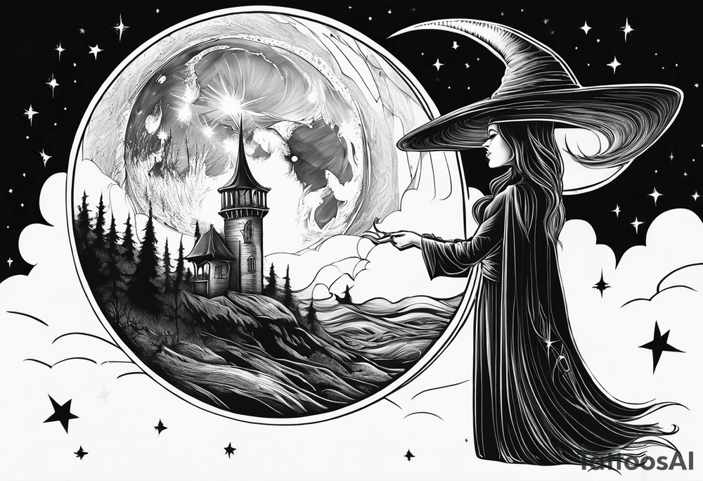 dark fantasy moon by cliff held by a witch tattoo idea