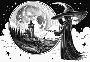 dark fantasy moon by cliff held by a witch tattoo idea