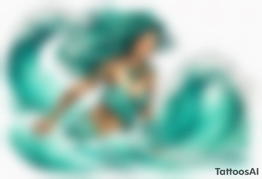 a beautiful chubby turquoise Naga woman emerging from an ocean wave, crashing onto the shore tattoo idea
