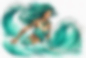 a beautiful chubby turquoise Naga woman emerging from an ocean wave, crashing onto the shore tattoo idea