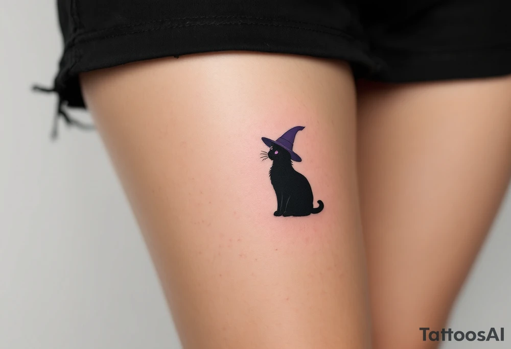 Witch’s Familiar Cat Silhouette – A sitting black cat silhouette with subtle purple eyes and a pointed witch hat in dusty violet. tattoo idea