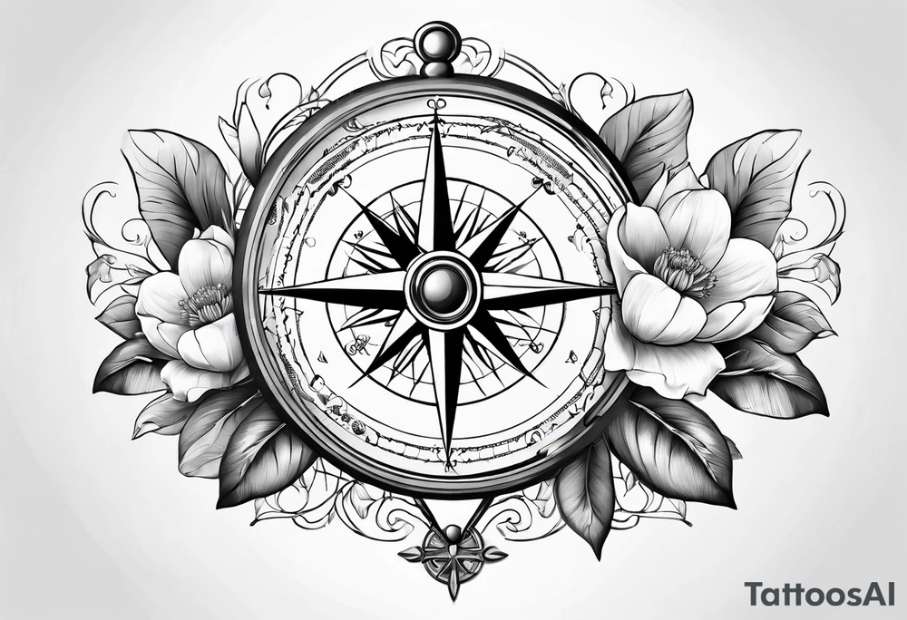 ancient compass with magnolia flowers tattoo idea