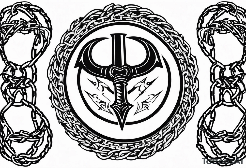 Valhalla round shield axe barbed wire chains tattoo idea