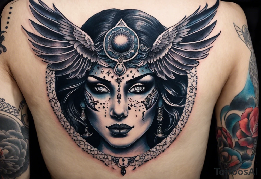 black kali, goddess pirate, alien, angel, pachamama, valkrye, warrior, flying, skull, lotus azul, wing, eagle, zenza resonance, stars, 5D, anahata chakra, death, durga, riding on a tiger, flying lady, chest tatoo tattoo idea
