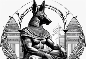 Egyptian style anubis god weighing the feather and the heart more realistic tattoo idea