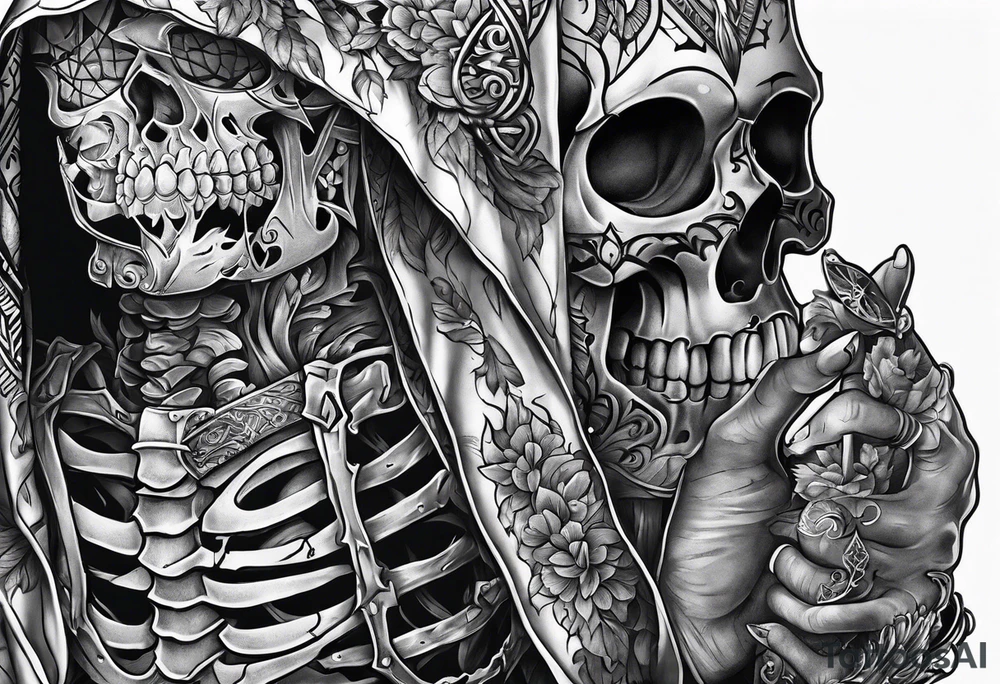 a skeleton holding his broken heart out in his hand tattoo idea