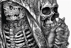 a skeleton holding his broken heart out in his hand tattoo idea