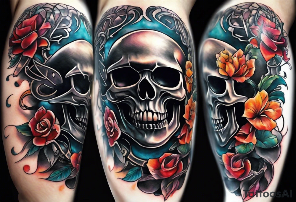knee tattoo with skull and water colors and shapes tattoo idea