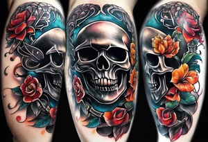 knee tattoo with skull and water colors and shapes tattoo idea