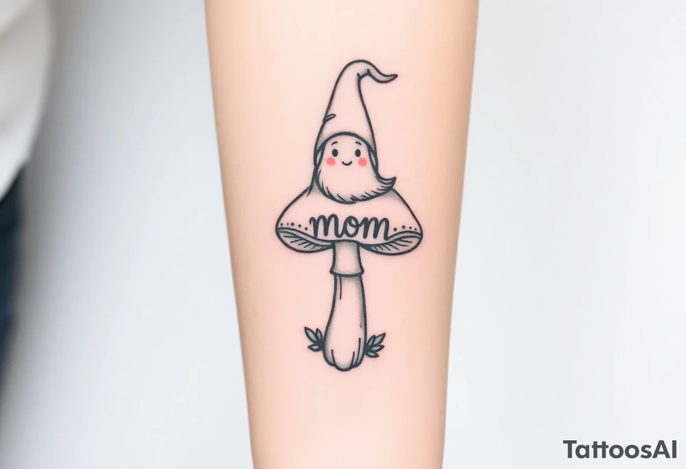 Mushroom with word mom on it with gnome on top tattoo idea