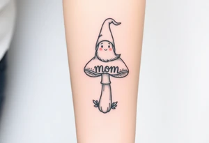 Mushroom with word mom on it with gnome on top tattoo idea