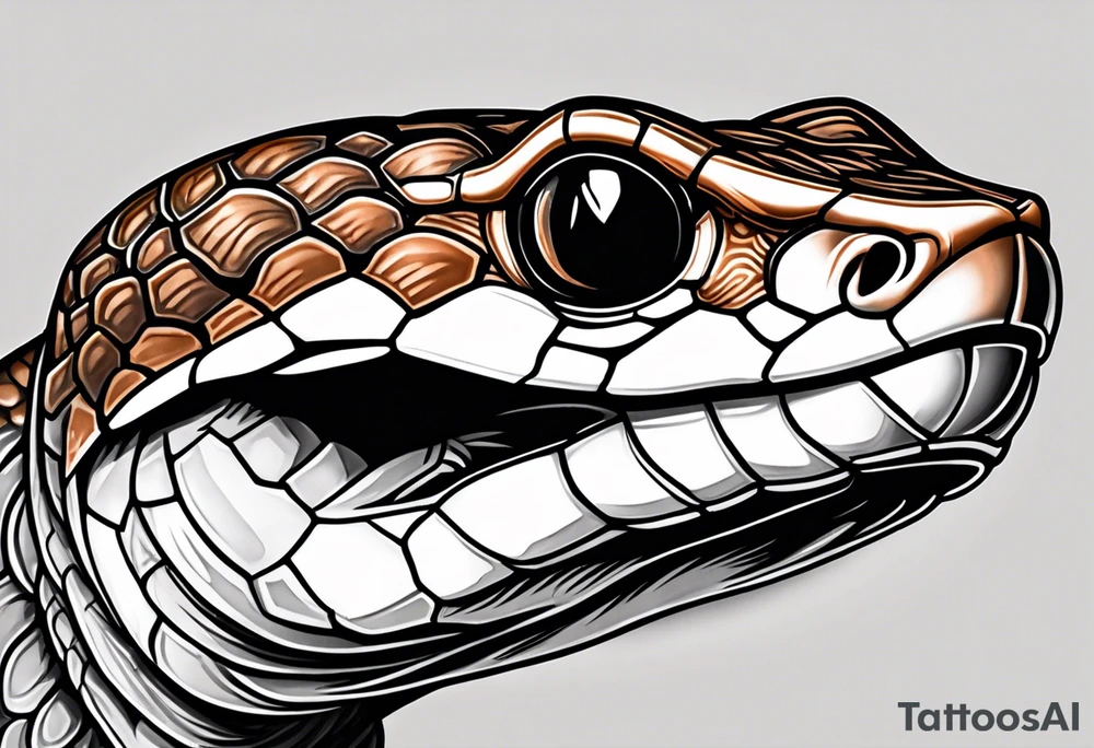 Copperhead with just the head turned up and mouth open, and forked tongue, black and white with copper colored eye tattoo idea