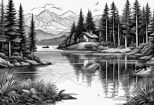 A forest with a lake. Woth a small island in the middle. On the island there a gate tattoo idea