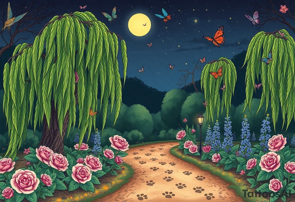 Night time.  weeping willow garden with roses and liles flower beds. fantasy creatures, fairies, mermiads, dragons butterflies,  cat paw prints path in dirt. tattoo idea