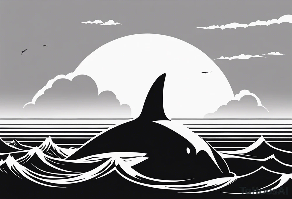 Black and white silhouette illustration of a massive shark tail sticking up through the sea. The shark is swimming near the surface, creating a large wave. The tail is bold and dramatic, with sharp, clean lines to emphasize its size and power. The background features a serene sky with a few simple cloud shapes, providing a calm contrast to the intensity of the shark's presence in the water. tattoo idea