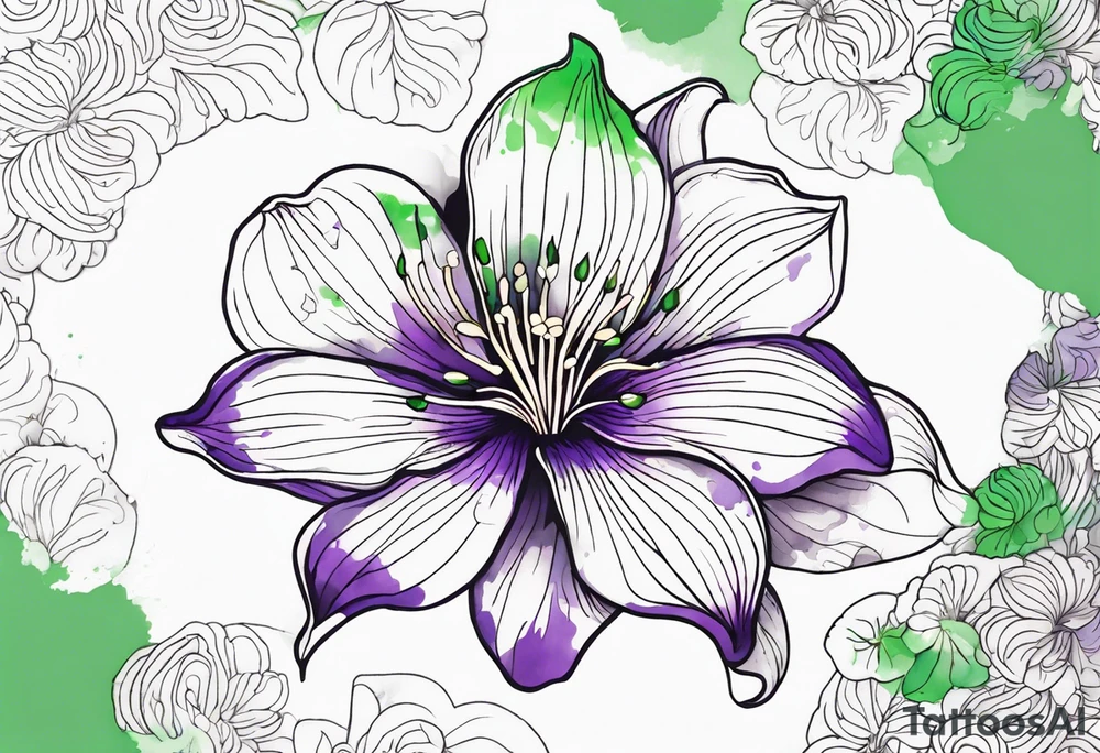 An outline of a rio dipladenia flower with a green and purple watercolor splatter in the background tattoo idea