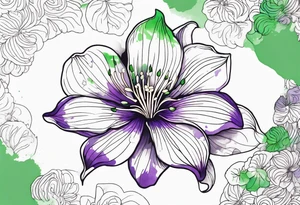 An outline of a rio dipladenia flower with a green and purple watercolor splatter in the background tattoo idea