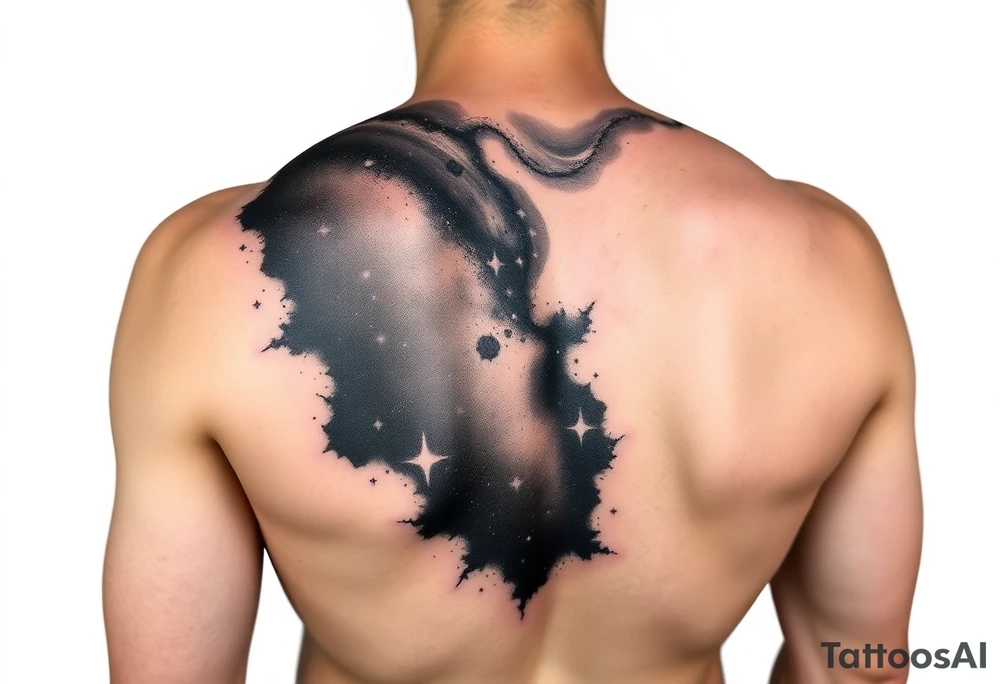 Beautiful and epic 3d milky way that appears to be what is beneath the skin. Make it drape over the shoulder and move to the middle back. use negative spaces to create stars and dust. Incorporate God breathing life into the universe. Keep it symmetrical tattoo idea