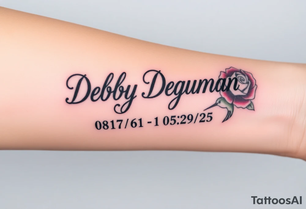 Tattoo of the exact name Debby Deguzman in chunky bold curly cursive with the exact dates of 08/17/61-05/29/25 surrounded by 1 hummingbird and 1 rose tattoo idea