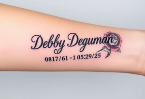 Tattoo of the exact name Debby Deguzman in chunky bold curly cursive with the exact dates of 08/17/61-05/29/25 surrounded by 1 hummingbird and 1 rose tattoo idea