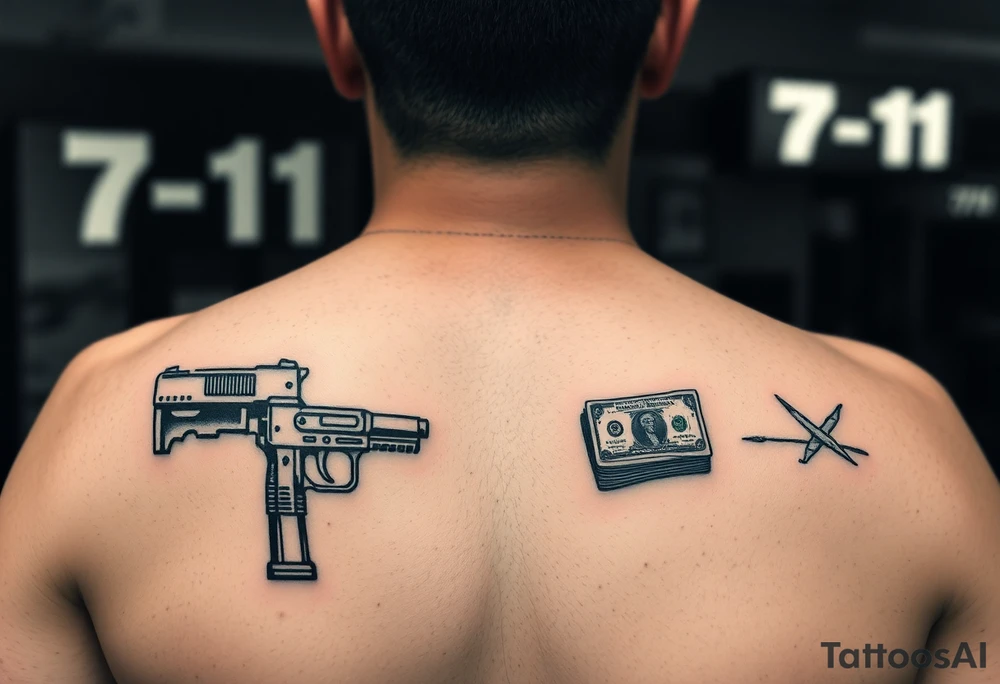 Someone standing in from of 7/11 with a gun and a wad of cash in the other hand tattoo idea