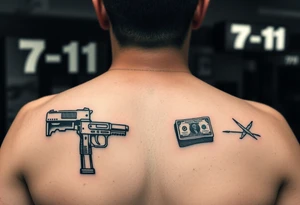 Someone standing in from of 7/11 with a gun and a wad of cash in the other hand tattoo idea