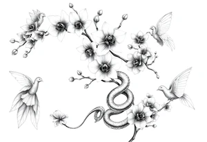 Orchid or cherry blossom tree and lotus and snake and angels on a woman tattoo idea