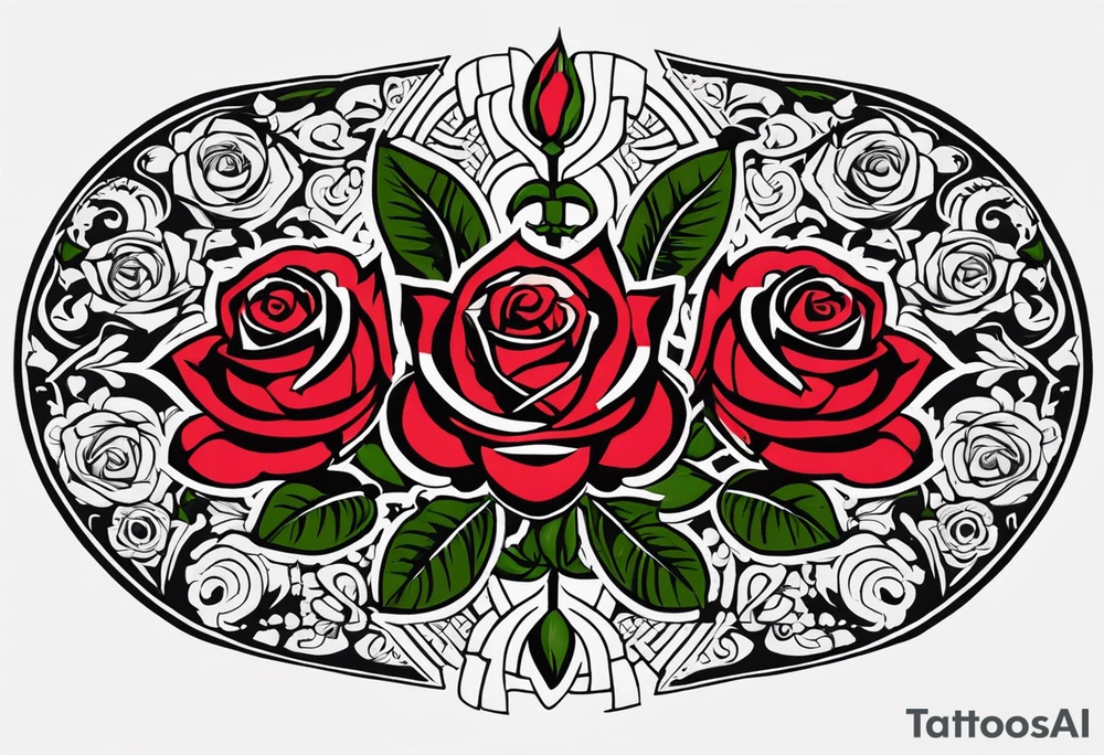 Design a masculine tattoo depicting three delicate rose buds being embraced and protected by 
Aztec weapons. The weapons should include elements such as the macuahuitl (Aztec sword-club), obsidian blades, and Mayan calendar, arranged in a way that forms a protective circle or embrace around the roses. Carve the entire image as if it were a stone sculpture by an ancient Aztec artist, with the texture resembling intricately detailed stone carvings. The roses should be slightly softer but still stylized in stone, giving the entire tattoo a powerful, yet artistic and ancient feel. Use bold, sharp lines to capture the essence of Aztec craftsmanship tattoo idea