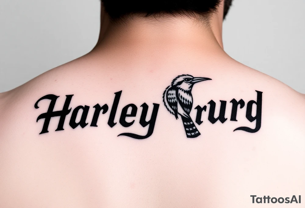 a couple names being Harley and Guy bird combined lettering meaning Harley bird tattoo idea