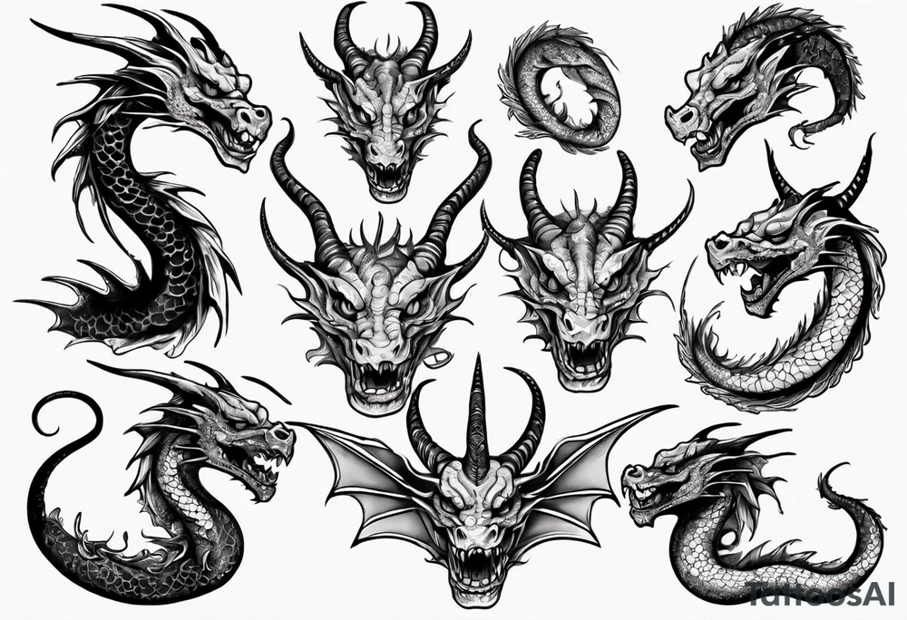 long dragon with horns, mane, scales tattoo idea